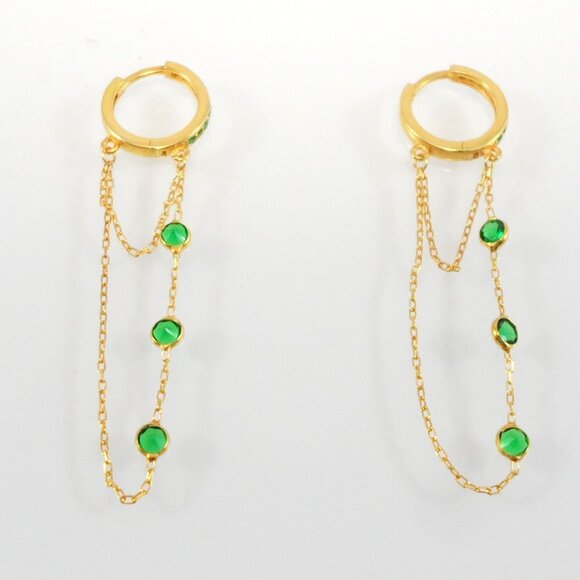 GABI RIELLE 14K Gold-Plated Sterling Emerald Crystal Dangle Pave Huggie Earrings - Picture 4 of 13